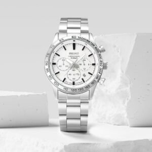 Casio Enticer analog men's watch with a silver stainless steel band and case