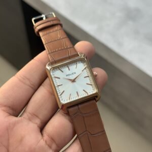 Police men's analog quartz watch with a square rose gold-tone case, white dial, and a brown crocodile-pattern leather strap