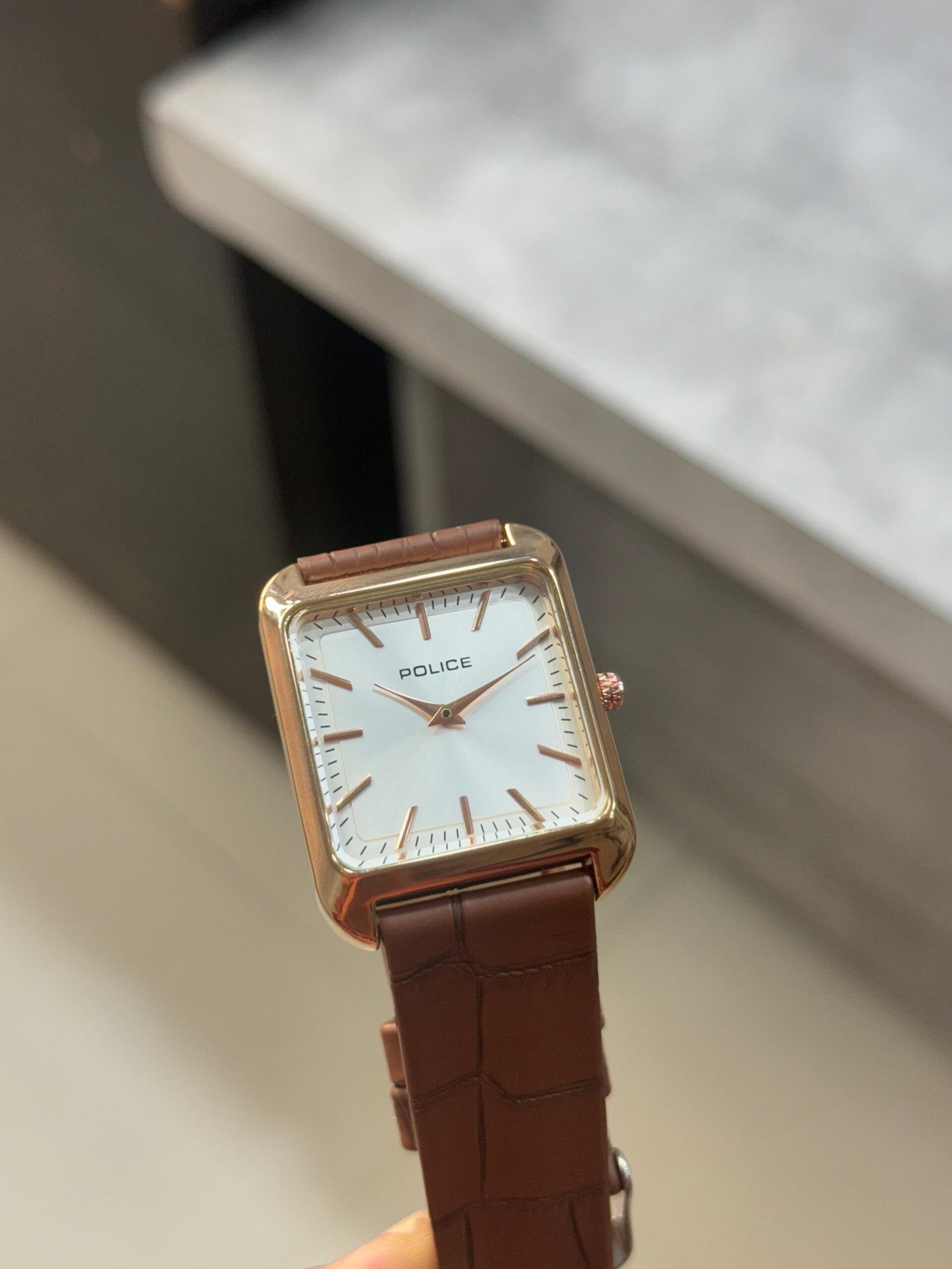 Police men's analog quartz watch with a square rose gold-tone case, white dial, and a brown crocodile-pattern leather strap - Image 2