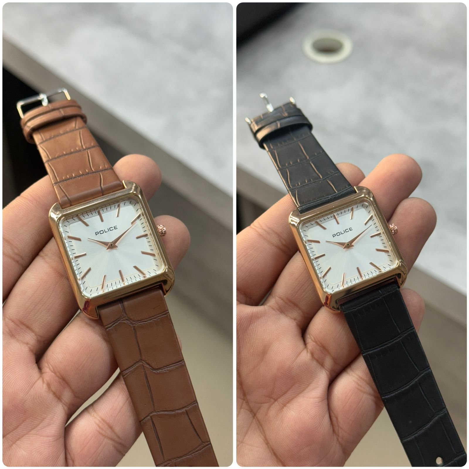 Police men's analog quartz watch with a square rose gold-tone case, white dial, and a brown crocodile-pattern leather strap - Image 3